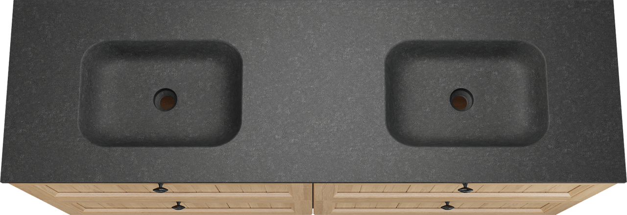 Balmani Lemon freistehendes Möbelstück Set: 180 x 55 cm, Naturbelassene Eiche Furnier, mit Tablo Arcato Doppelwaschtisch, Schwarzes Granit