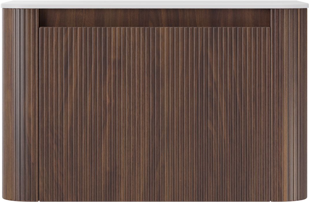 Storke Soft zwevend badkamermeubel 80 x 46 cm notelaar met Tavola Soft enkele tablet in solid surface mat wit, Verticale symmetrische rechte ribbel