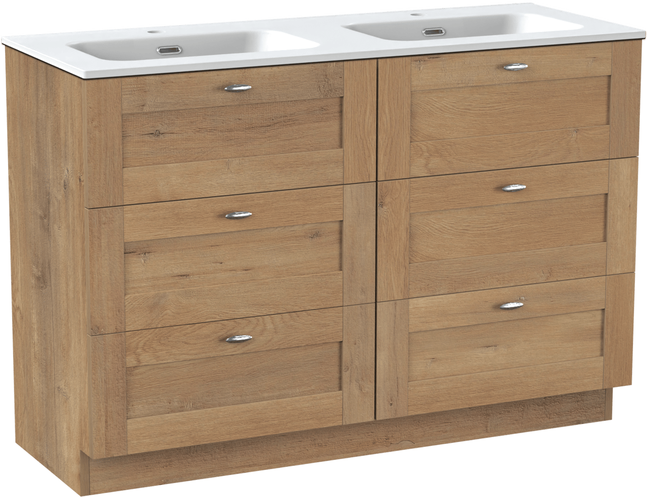 Linie Classo freistehendes Möbelstück Set: 120 x 46 cm, Naturbelassene Eiche, mit Baro Doppelwaschtisch, Porzellan Weiß matt