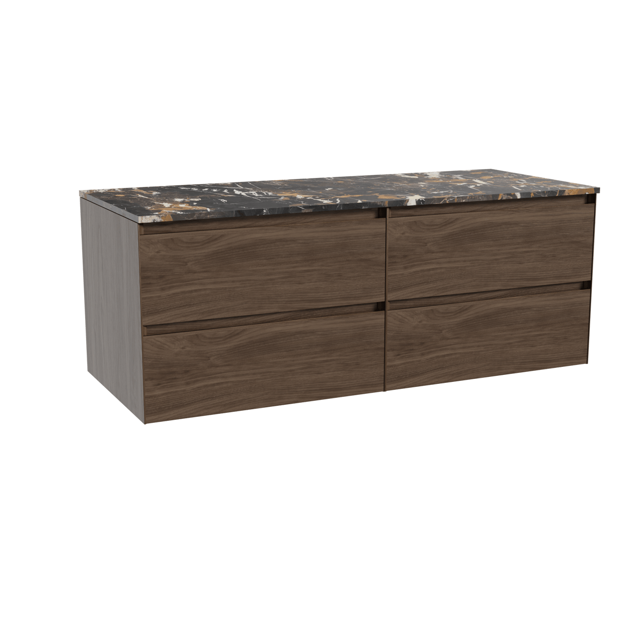 Balmani Mitra hängendes Möbelstück Set: 135 x 55 cm, Amerikanischer Nussbaum, mit Stretto Einzel- oder Doppel Waschtischplatte, Marmor Portoro Gold