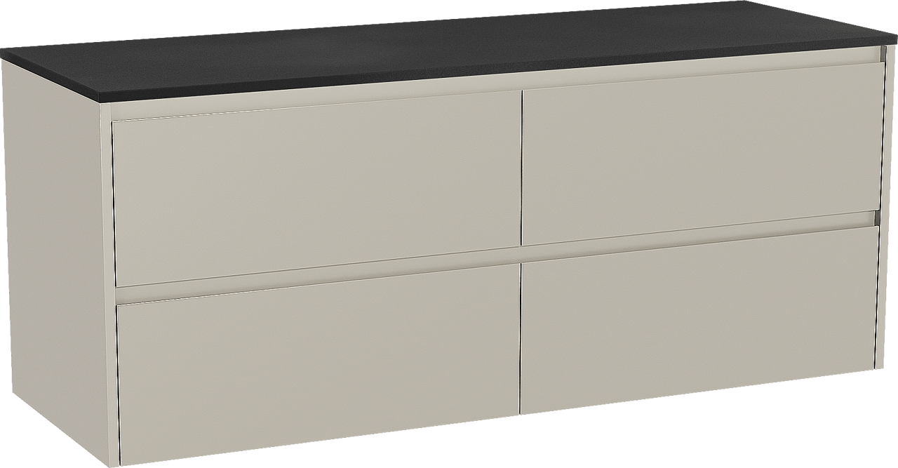 Storke Seda zwevend badmeubel 150 x 52 cm zijdegrijs met Panton enkel of dubbel wastafelblad in gepoedercoate mdf mat zwart