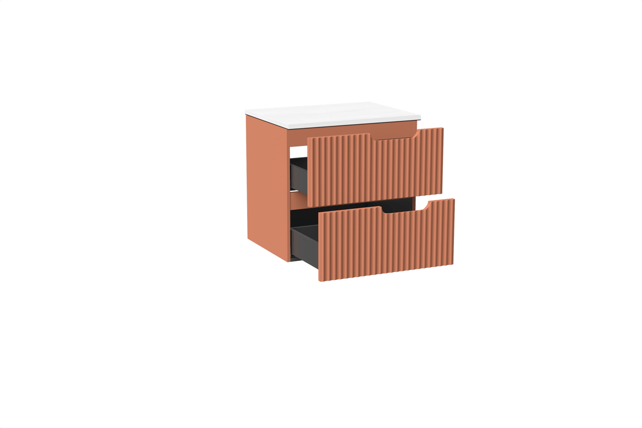 Linie Ribbo zwevend badkamermeubel 60 x 46 cm cotto met Lado enkel tablet in composietmarmer glanzend wit, Verticale symmetrische ronde ribbel