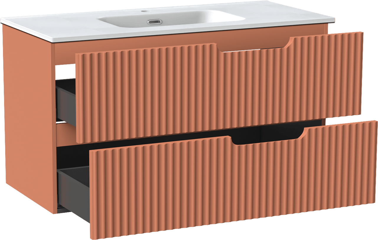 Linie Ribbo zwevend badkamermeubel 100 x 46 cm cotto met Baro enkele wastafel in porselein mat wit, Verticale symmetrische ronde ribbel