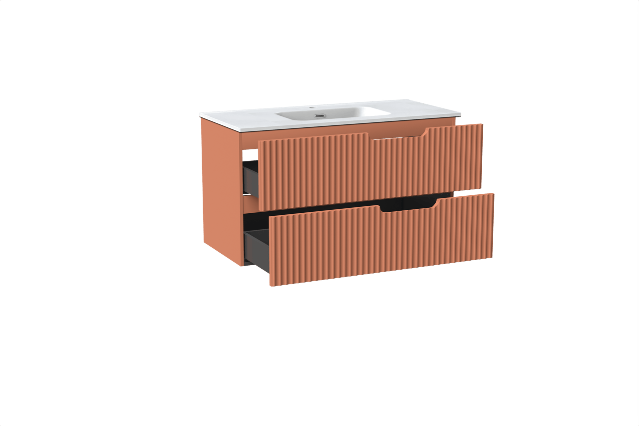 Linie Ribbo hängendes Möbelstück Set: 100 x 46 cm, Cotto, mit Baro Einzelwaschtisch, Porzellan, Weiß matt, Vertikale symmetrische runde Rippe