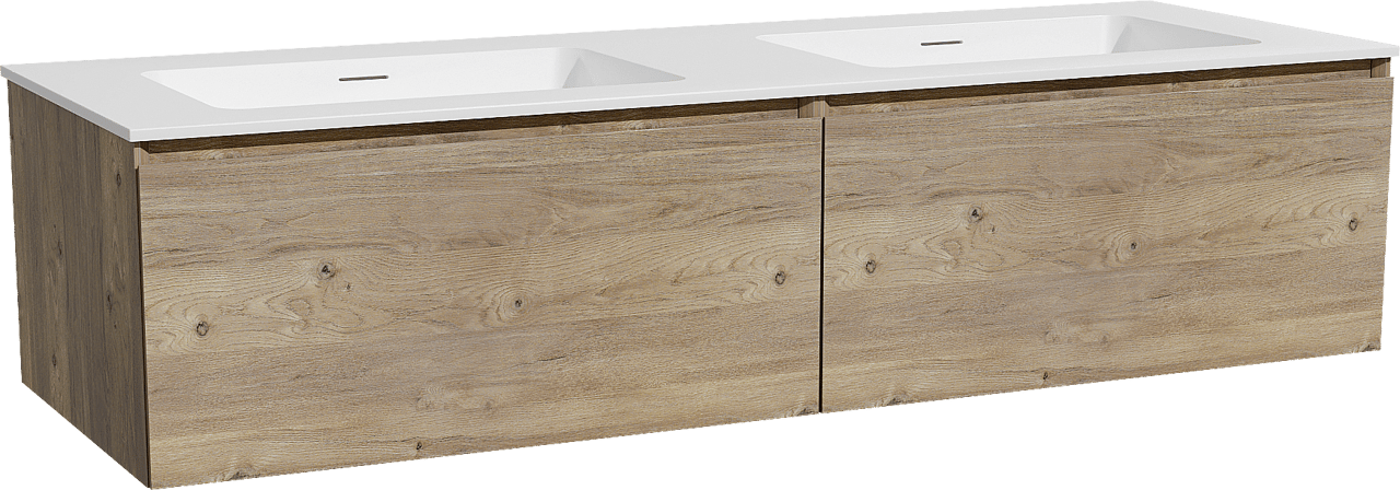 Storke Edge zwevend badmeubel 150 x 52 cm ruw eiken met Mata dubbele wastafel in solid surface mat wit