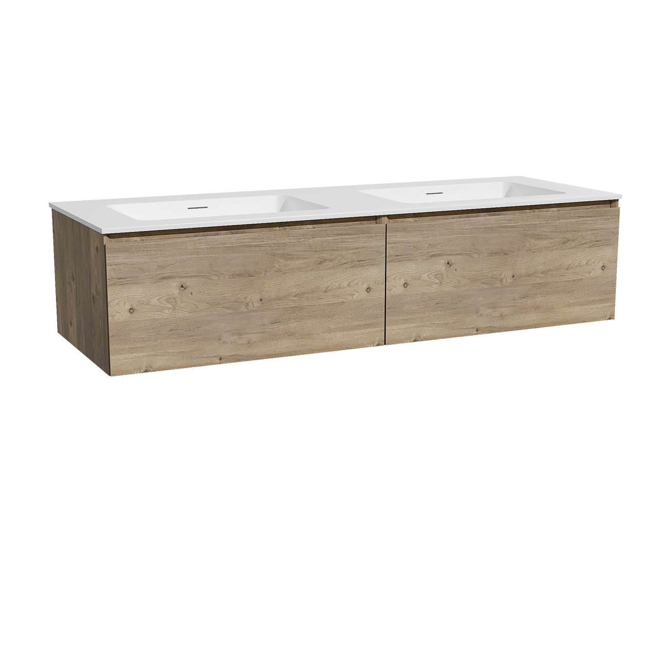 Storke Edge hängendes Möbelstück Set: 150 x 52 cm, Rohe Eiche, mit Mata Doppelwaschtisch, Solid Surface Weiß matt