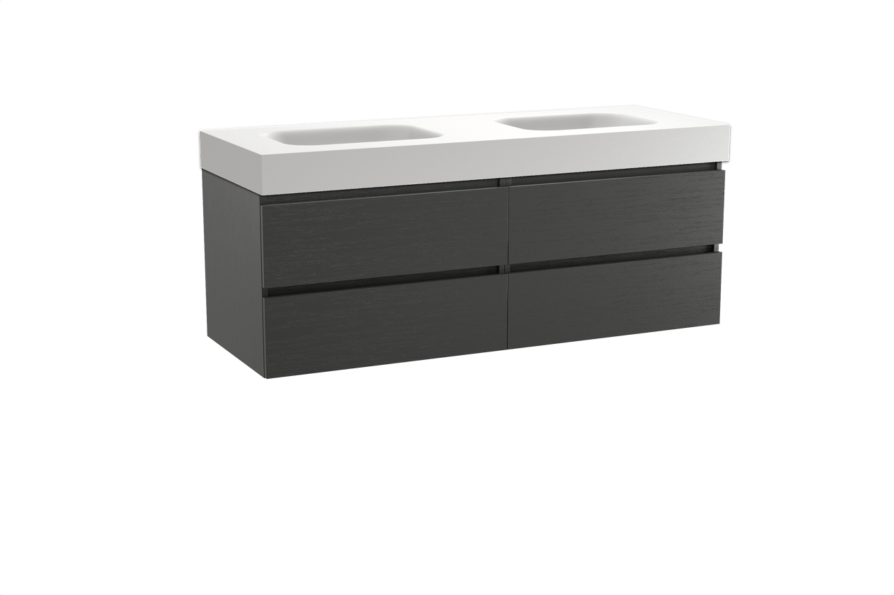 Balmani Lucida hängendes Möbelstück Set: 150 x 55 cm, Schwarze Eiche, mit Arcato Doppelwaschtisch, Solid Surface Weiß matt