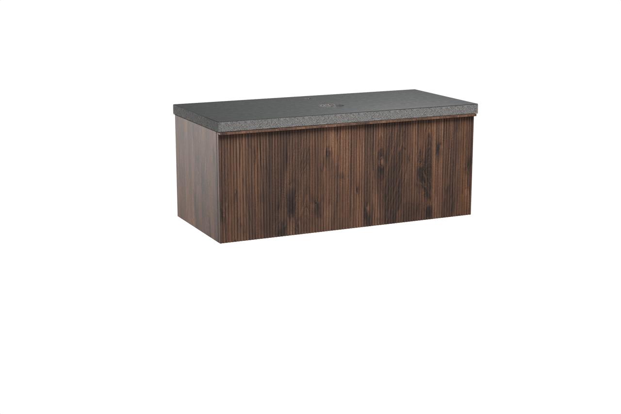 Balmani Forma zwevend badkamermeubel 120 x 55 cm amerikaanse notelaar met Rock enkel tablet in graniet zwart, Verticale symmetrische rechte ribbel