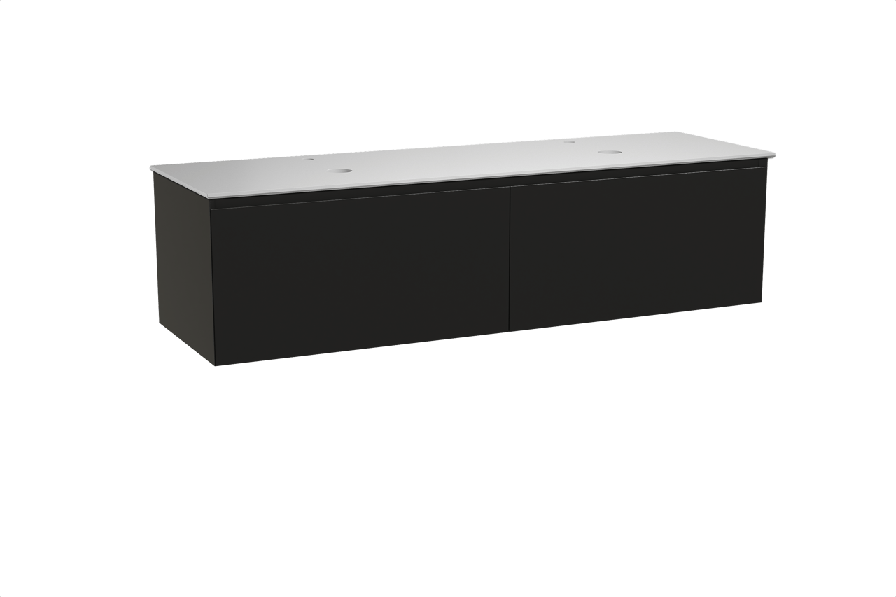 Balmani Idra zwevend badkamermeubel 180 x 55 cm mat zwart met Facetta dubbel tablet in solid surface mat wit