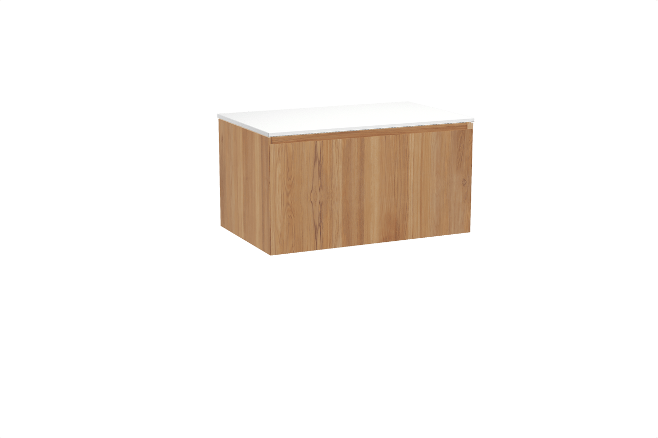 Balmani Idra zwevend badkamermeubel 90 x 55 cm teak met Stretto enkel tablet in solid surface mat wit