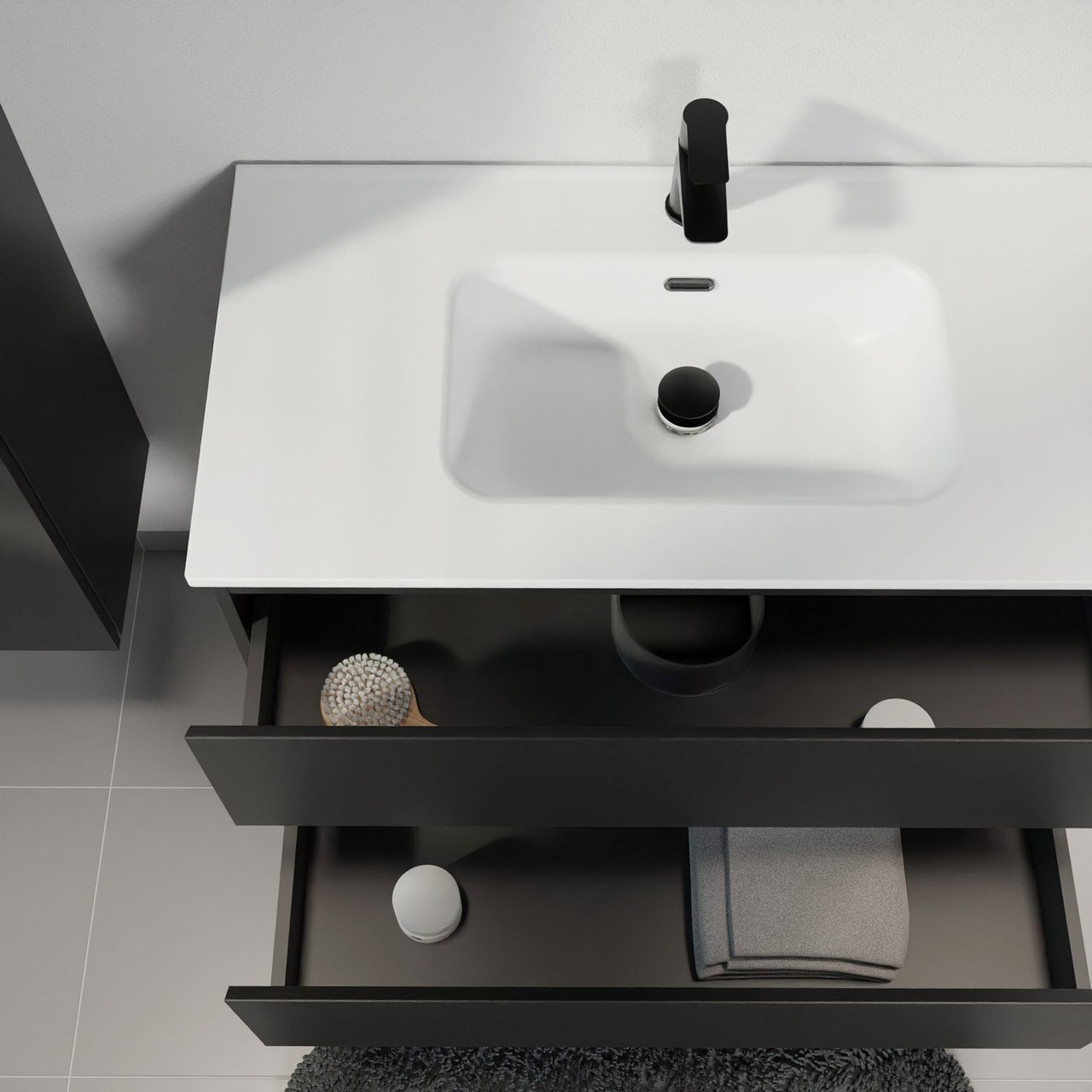 Linie Lado meuble salle de bains suspendu 70 x 46 cm noir mat avec Baro plan simple en porcelaine blanc mat