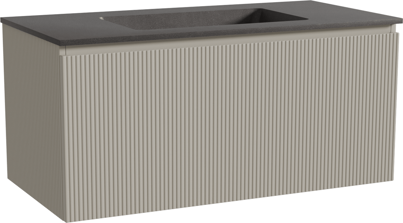 Storke Ribs zwevend badmeubel 105 x 52 cm zijdegrijs met Scuro enkele wastafel in kwarts mat zwart, Verticale symmetrische rechte ribbel