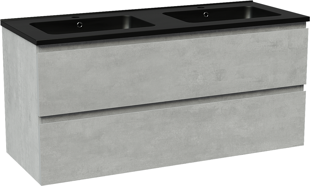 Linie Lado hängendes Möbelstück Set: 120 x 46 cm, Beton dunkelgrau, mit Vano Doppelwaschtisch, Marmorkomposit Schwarz matt