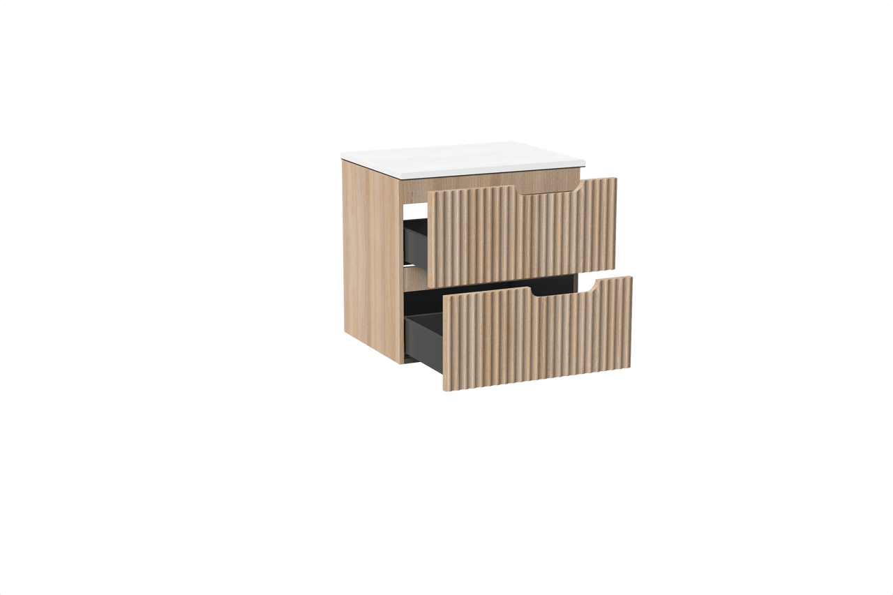 Linie Ribbo meuble salle de bains suspendu 60 x 46 cm chêne clair avec Lado tablette simple en marbre composite blanc brillant, Nervure circulaire symétrique verticale