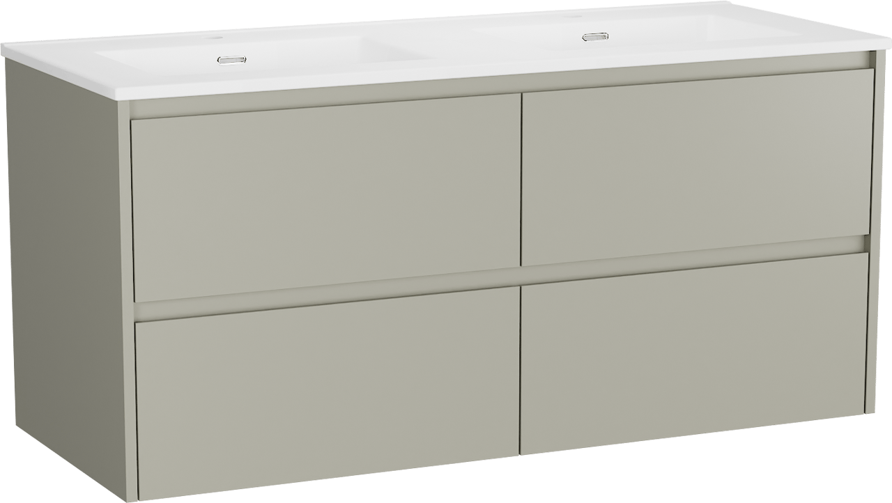 Storke Seda meuble salle de bains suspendu 130 x 52 cm soie grise avec Kera double vasque en porcelaine blanc mat, bondes incluses