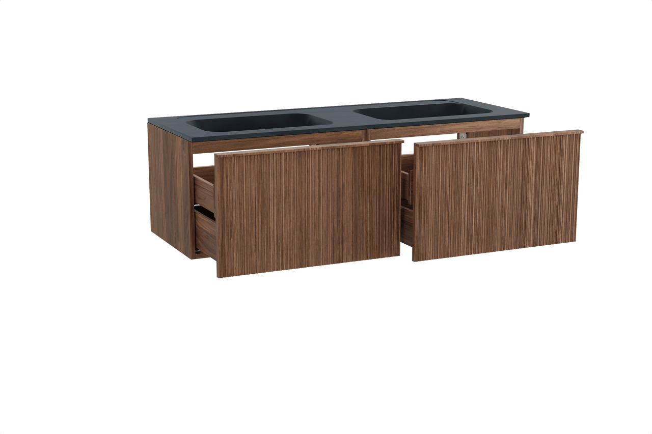 Balmani Forma zwevend badmeubel 150 x 55 cm amerikaans notenhout met Tablo Strada dubbele wastafel in composietmarmer mat zwart, Verticale asymmetrische ronde ribbel