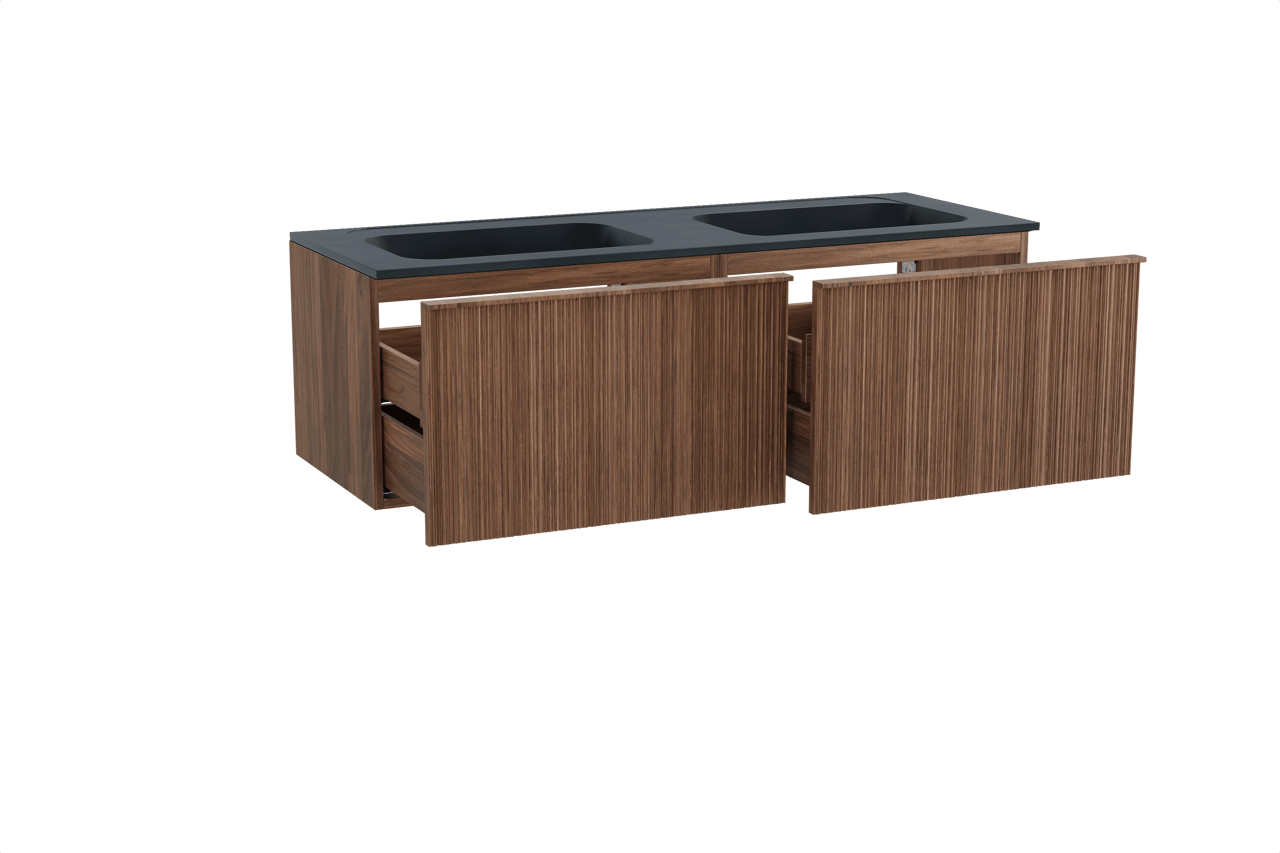 Balmani Forma zwevend badkamermeubel 150 x 55 cm amerikaanse notelaar met Tablo Strada dubbele wastafel in composietmarmer mat zwart, Verticale asymmetrische ronde ribbel