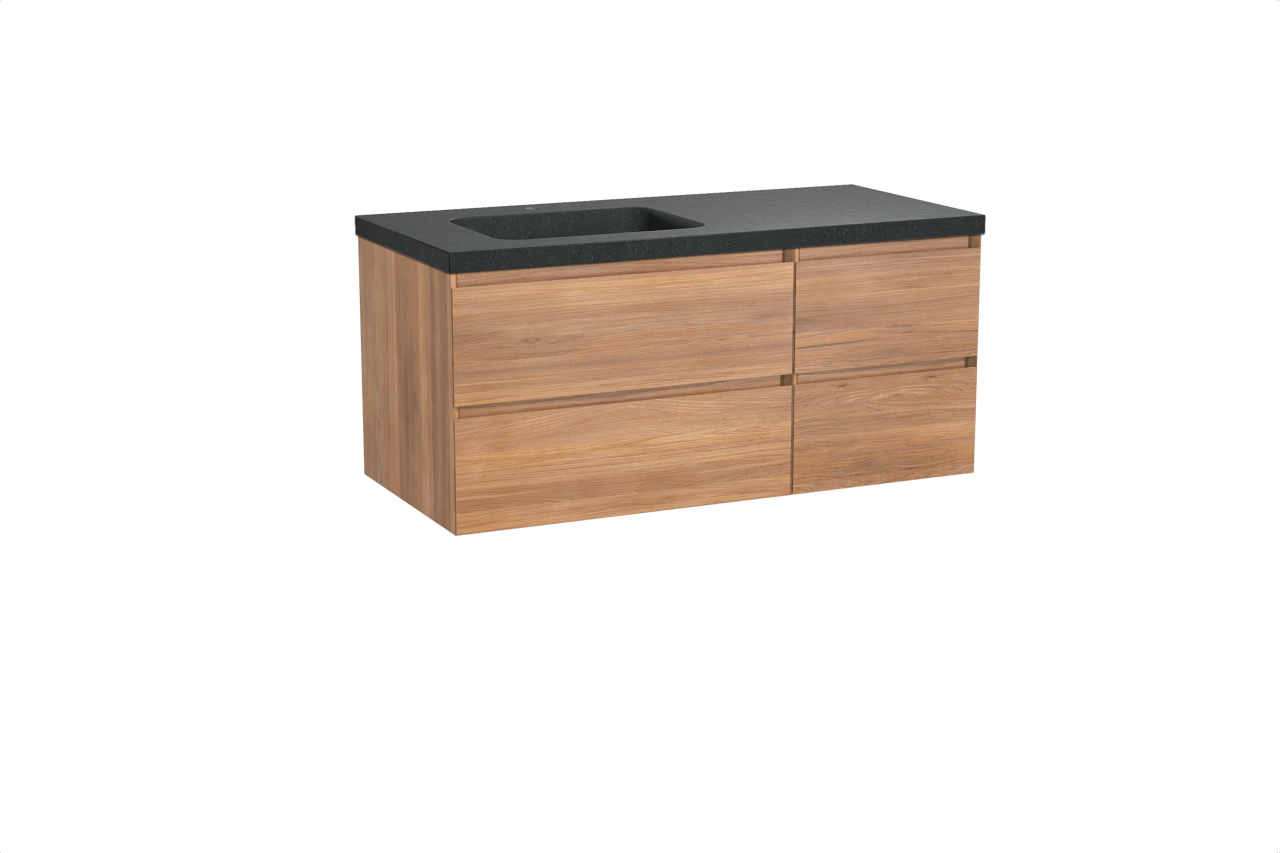 Balmani Mitra hängendes Möbelstück Set: 120 x 55 cm, Teak, mit Napoli Waschtisch links, Schwarzes Granit