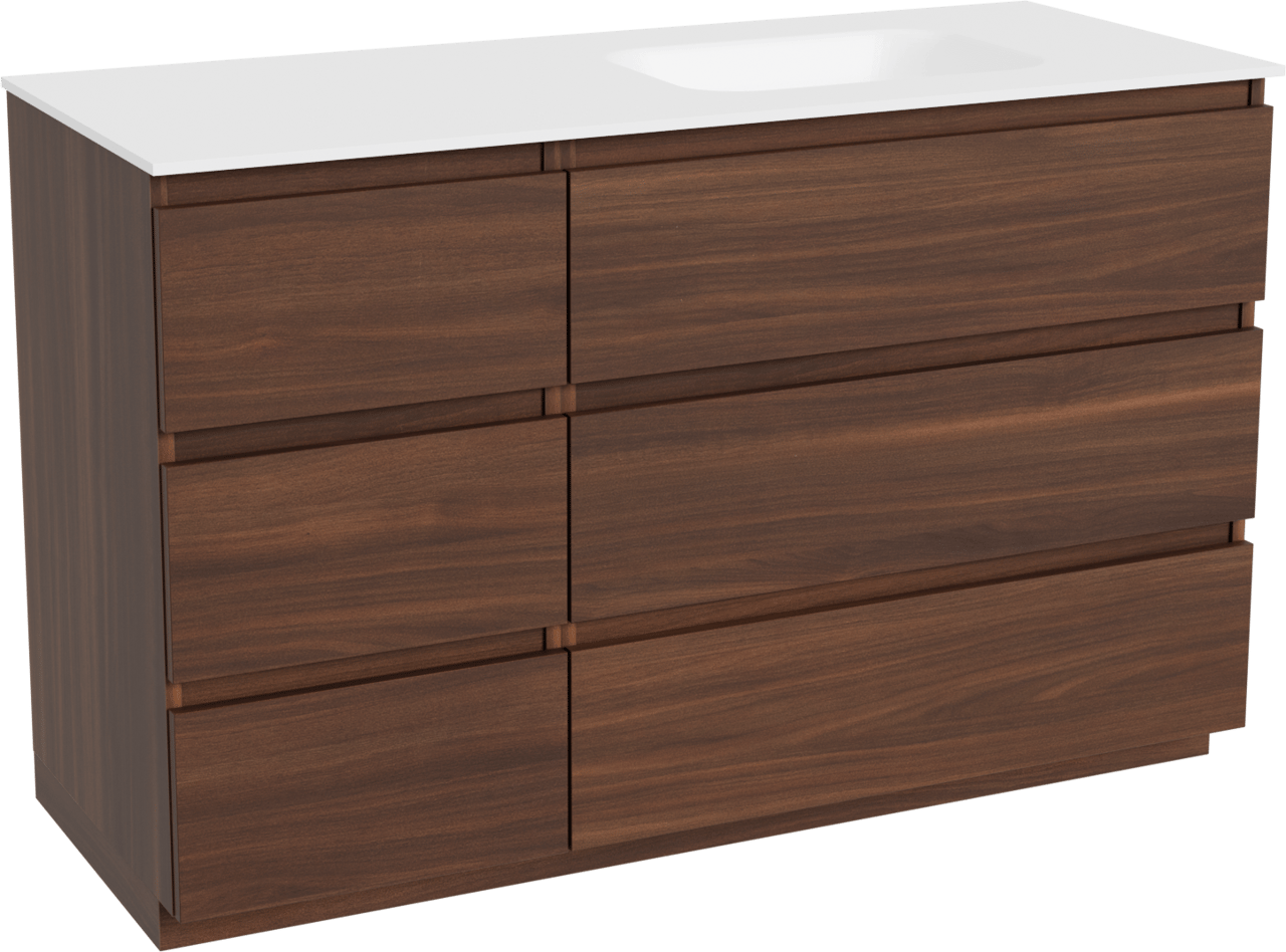 Balmani Lucida meuble salle de bains à poser 135 x 55 cm noyer américain avec Tablo Arcato vasque asymétrique droite en solid surface blanc mat