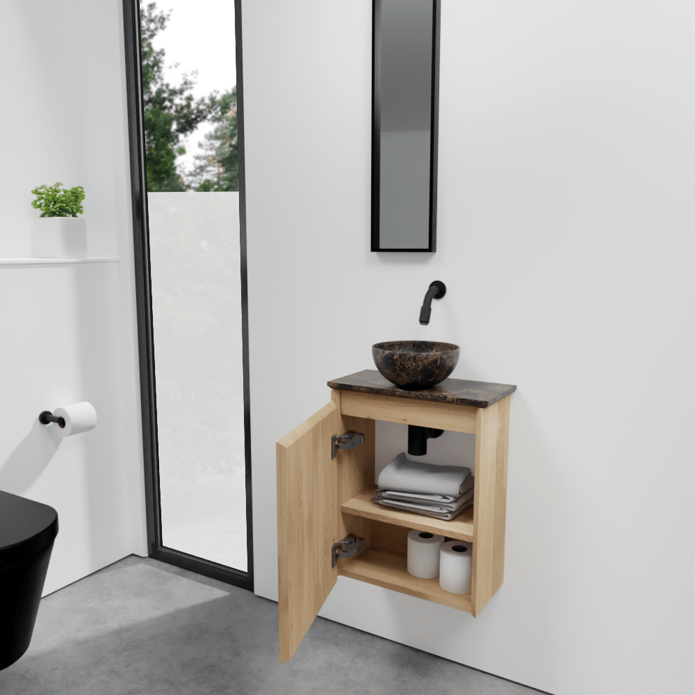 Balmani Mitra zwevend toiletmeubel 42 x 21 cm natuur eik met Facetta tablet en Bari XS waskom in Dark Emperador marmer