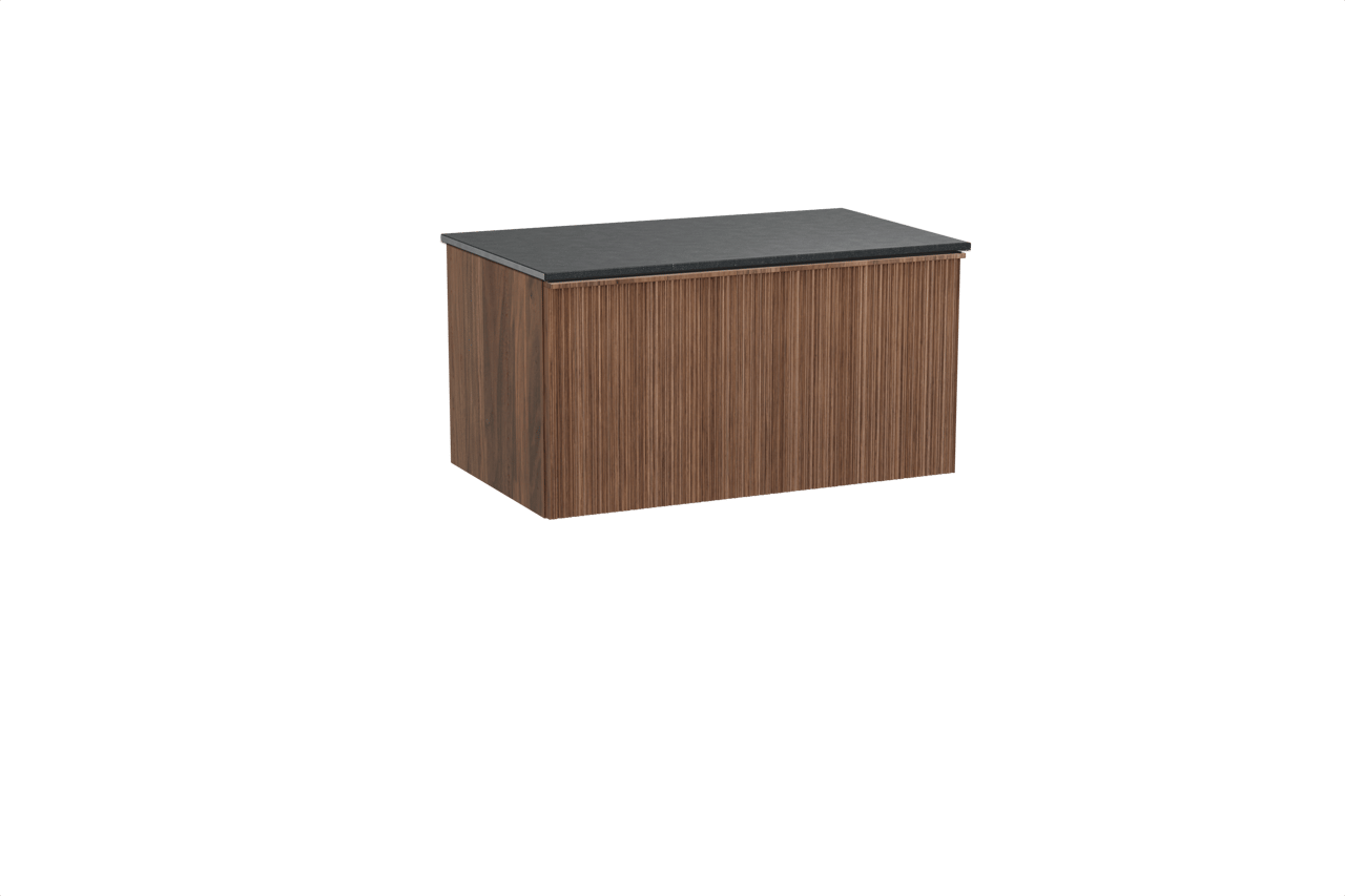 Balmani Forma hängendes Möbelstück Set: 90 x 55 cm, Amerikanischer Nussbaum, mit Stretto Einzel Waschtischplatte, Granit, Schwarzes Granit, Vertikale asymmetrische Runde Rippe