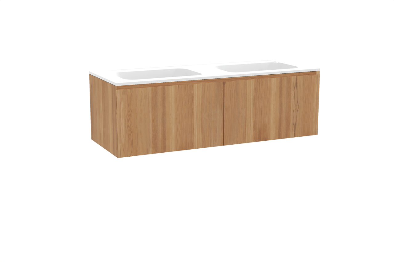 Balmani Idra hängendes Möbelstück Set: 150 x 55 cm, Teak, mit Tablo Strada Doppelwaschtisch, Marmorkomposit Weiß matt