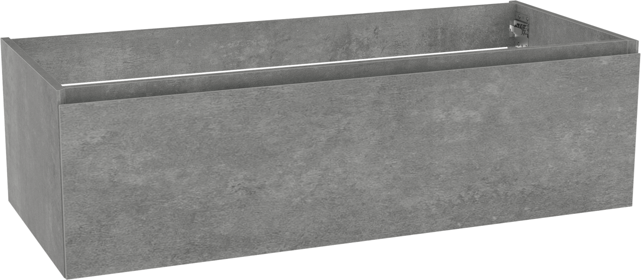 Storke Edge hängender Waschbeckenunterschrank: 120 x 52 cm, Beton dunkelgrau, 1 Schublade, 2 Siphonaussparungen