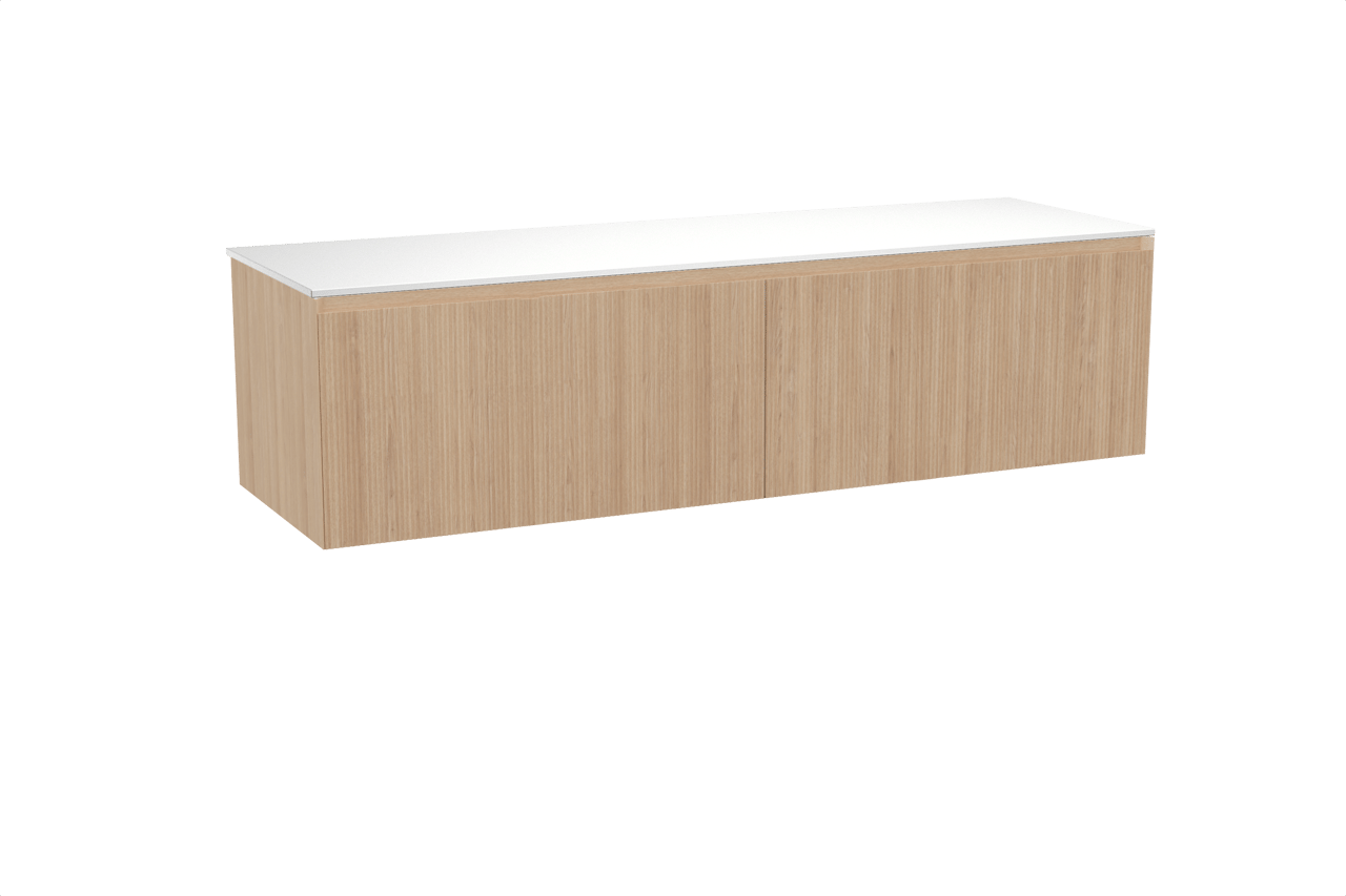 Balmani Fila zwevend badkamermeubel 180 x 55 cm natuur eik met Stretto enkel of dubbel tablet in solid surface mat wit, Verticale symmetrische rechte ribbel