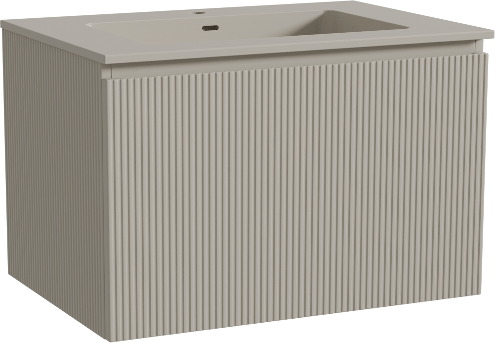 Storke Ribs zwevend badmeubel 75 x 52 cm zijdegrijs met Diva enkele wastafel in top solid zijdegrijs, Verticale symmetrische rechte ribbel