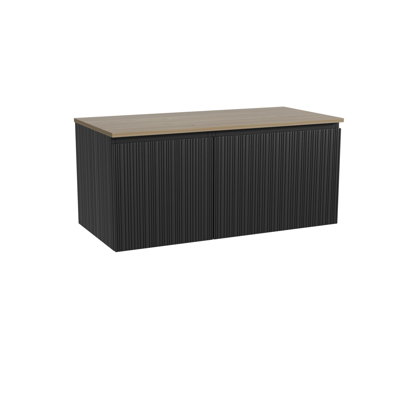 Storke Ribs zwevend badkamermeubel 110 x 52 cm zwarte eik met Panton enkel tablet in melamine ruwe eik, Verticale asymmetrische rechte ribbel