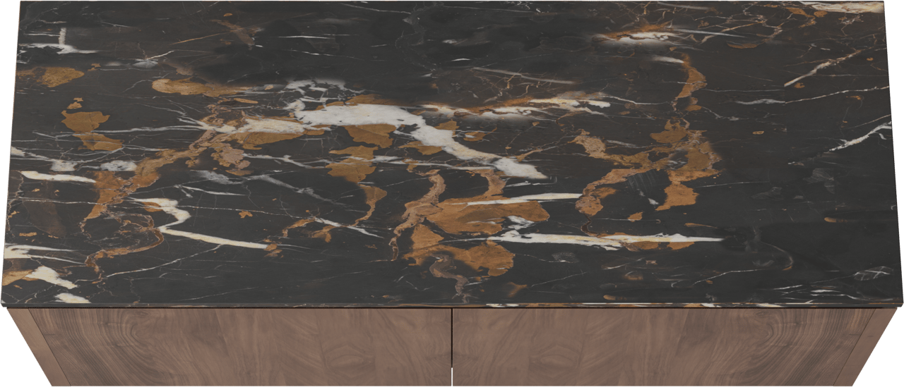 Balmani Eclips meuble salle de bains suspendu 150 x 55 cm Noyer américain avec Stretto tablette simple ou double vasque en Portoro Gold marbre