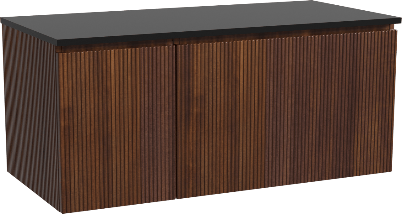 Storke Ribs zwevend badmeubel 110 x 52 cm notenhout met Panton enkel wastafelblad in gepoedercoate mdf mat zwart, Verticale symmetrische rechte ribbel