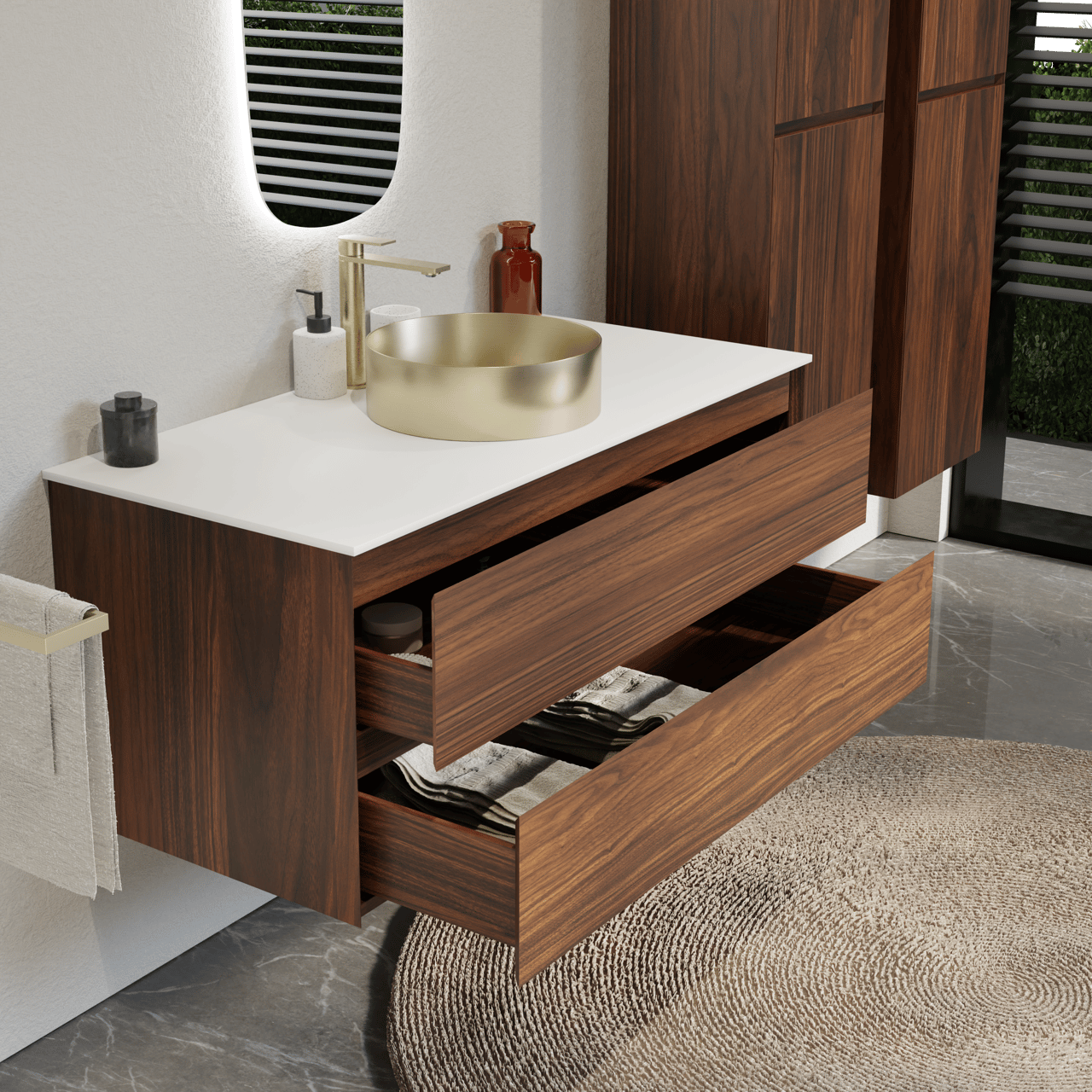 Balmani Mitra hängendes Möbelstück Set: 120 x 55 cm, Nussbaum, mit Stretto Einzel- oder Doppel Waschtischplatte, Solid Surface Weiß matt