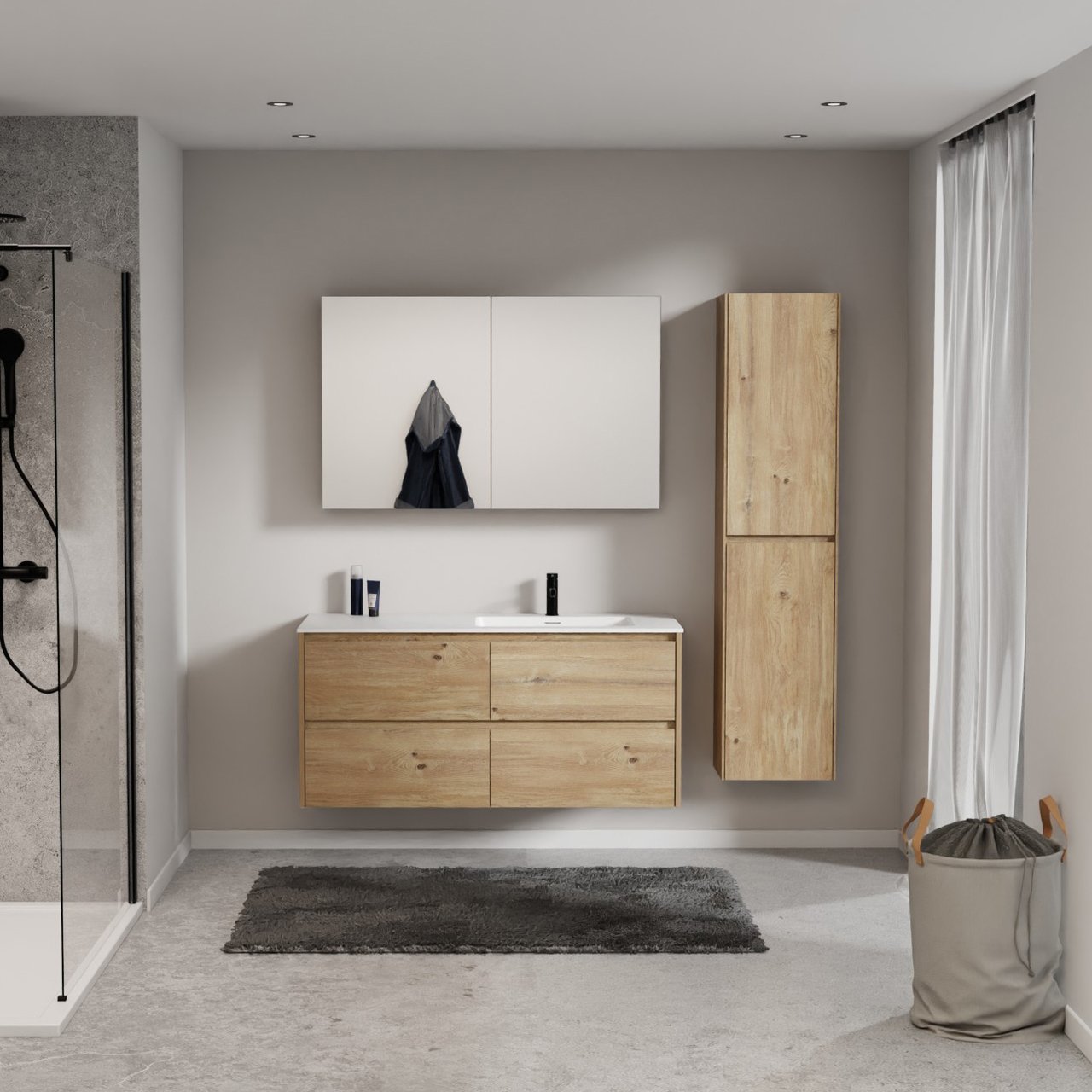Storke Seda zwevend badmeubel 130 x 52 cm ruw eiken met Mata asymmetrisch rechtse wastafel in solid surface mat wit