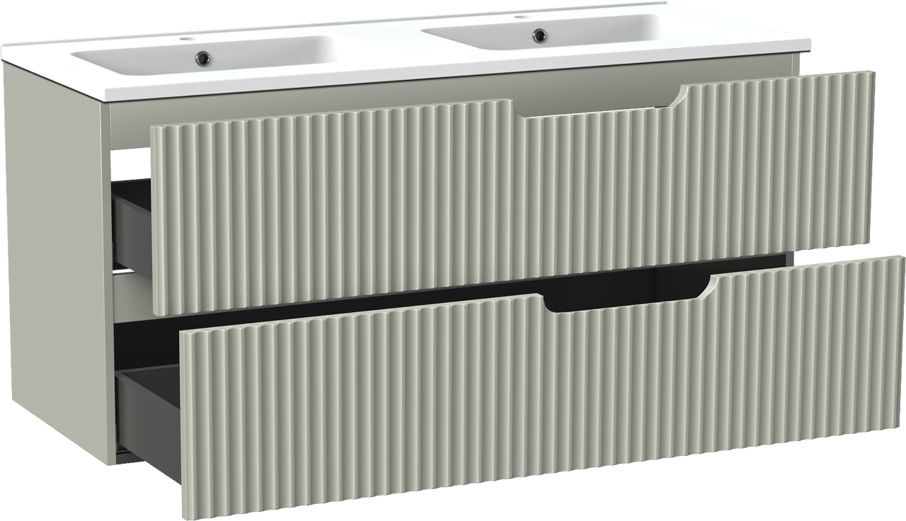 Linie Ribbo meuble salle de bains suspendu 120 x 46 cm greige avec Vano double vasque en marbre composite blanc mat, Nervure circulaire symétrique verticale