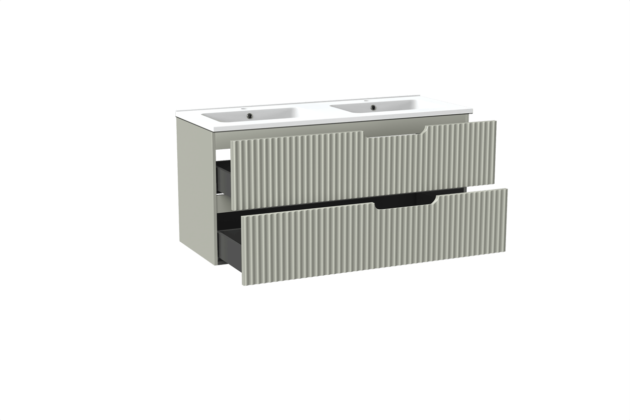 Linie Ribbo meuble salle de bains suspendu 120 x 46 cm greige avec Vano double vasque en marbre composite blanc mat, Nervure circulaire symétrique verticale