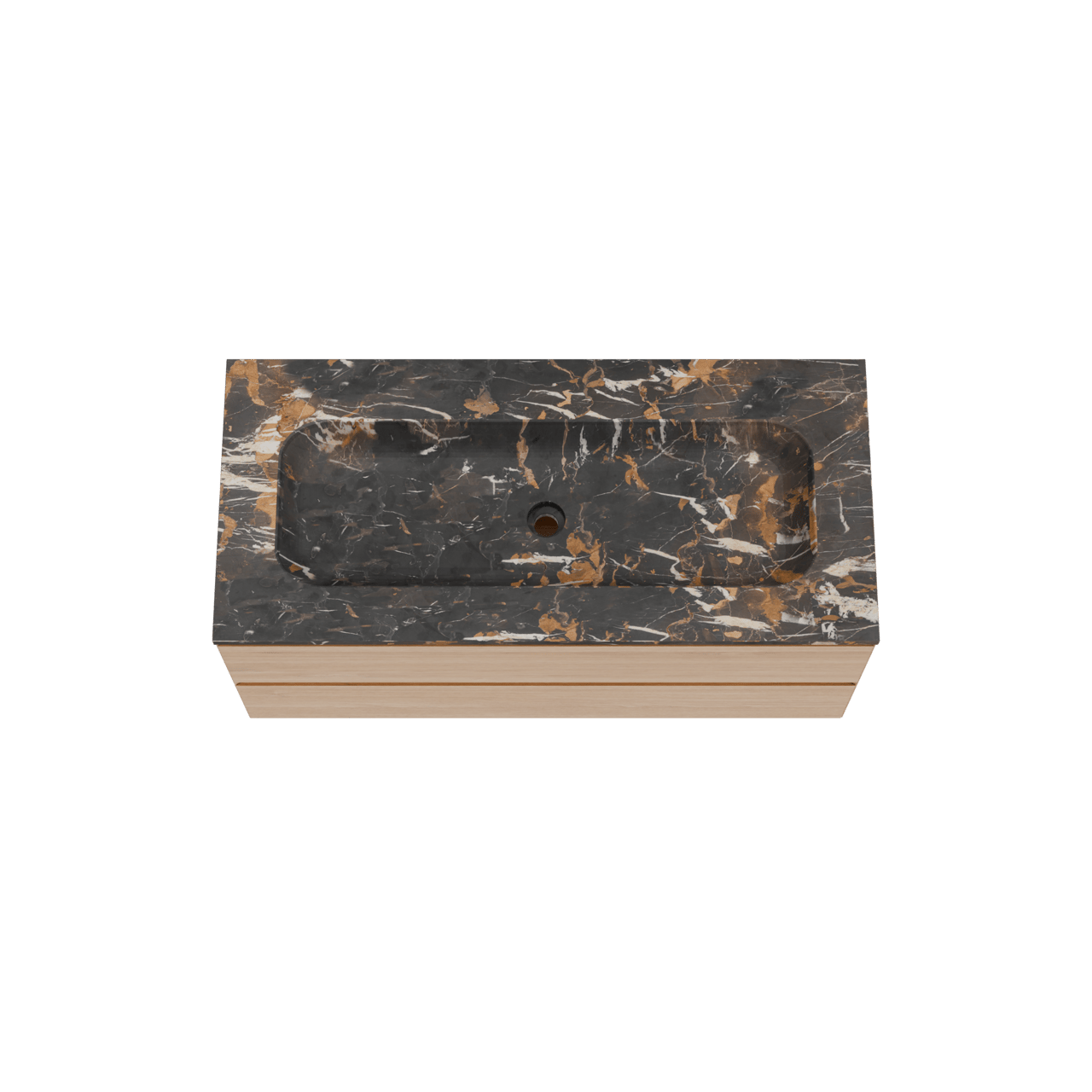 Balmani Mitra hängendes Möbelstück Set: 120 x 55 cm, Naturbelassene Eiche, mit Tablo Arcato Einzelwaschtisch für 2 Armaturenlöcher, Marmor Portoro Gold