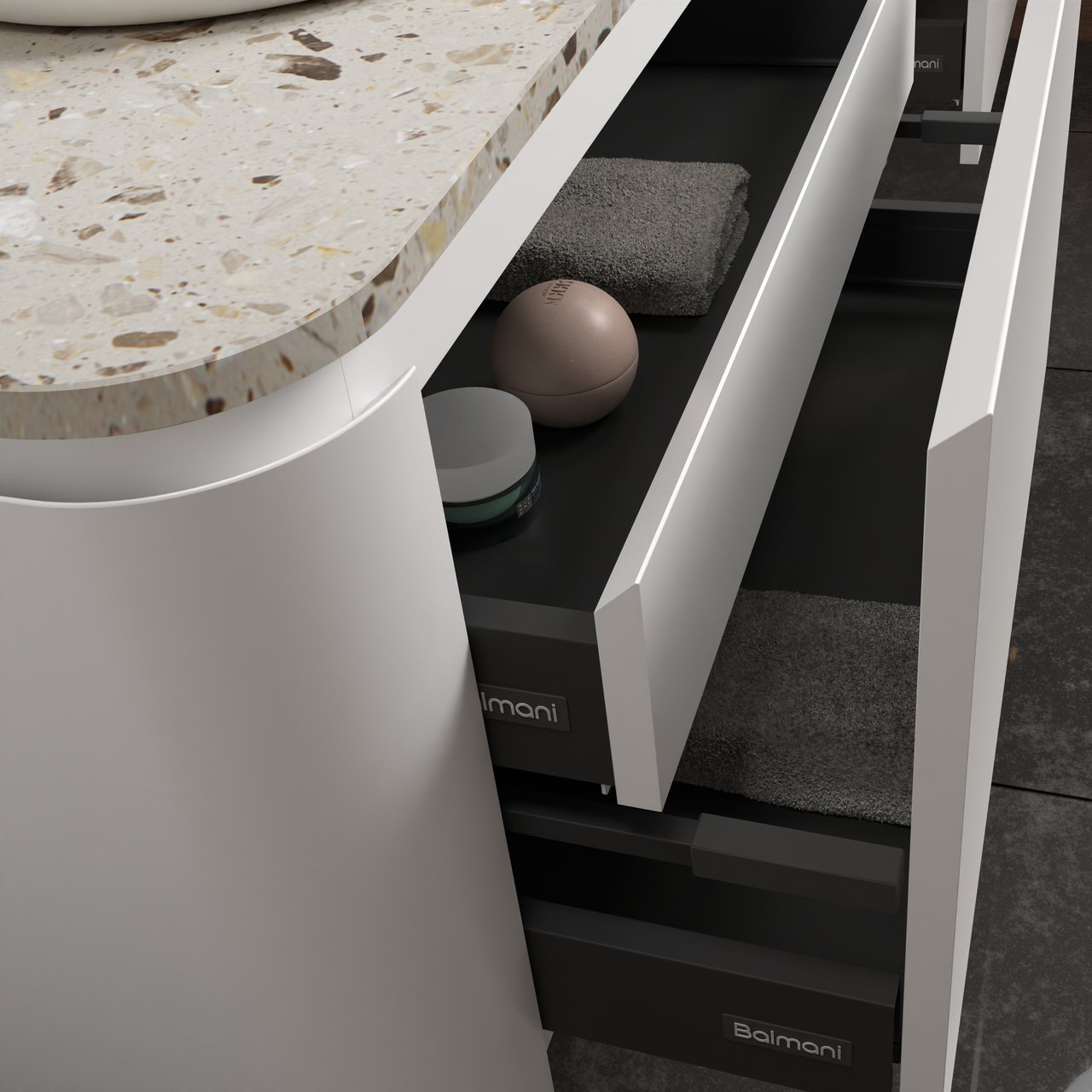 Balmani Moon zwevend badmeubel 130 x 55 cm mat wit met Moon enkel of dubbel wastafelblad in terrazzo greige terrazzo