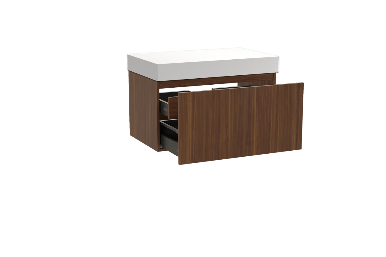 Balmani Sfera hängendes Möbelstück Set: 90 x 55 cm, Amerikanischer Nussbaum, mit Dominus Einzel Waschtischplatte, Solid Surface Weiß matt