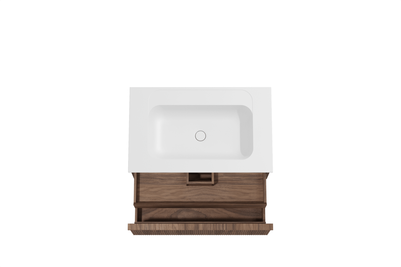 Balmani Forma hängendes Möbelstück Set: 90 x 55 cm, Amerikanischer Nussbaum, mit Tablo Strada Einzelwaschtisch, Marmorkomposit, Weiß matt, Vertikale symmetrische gerade Rippe