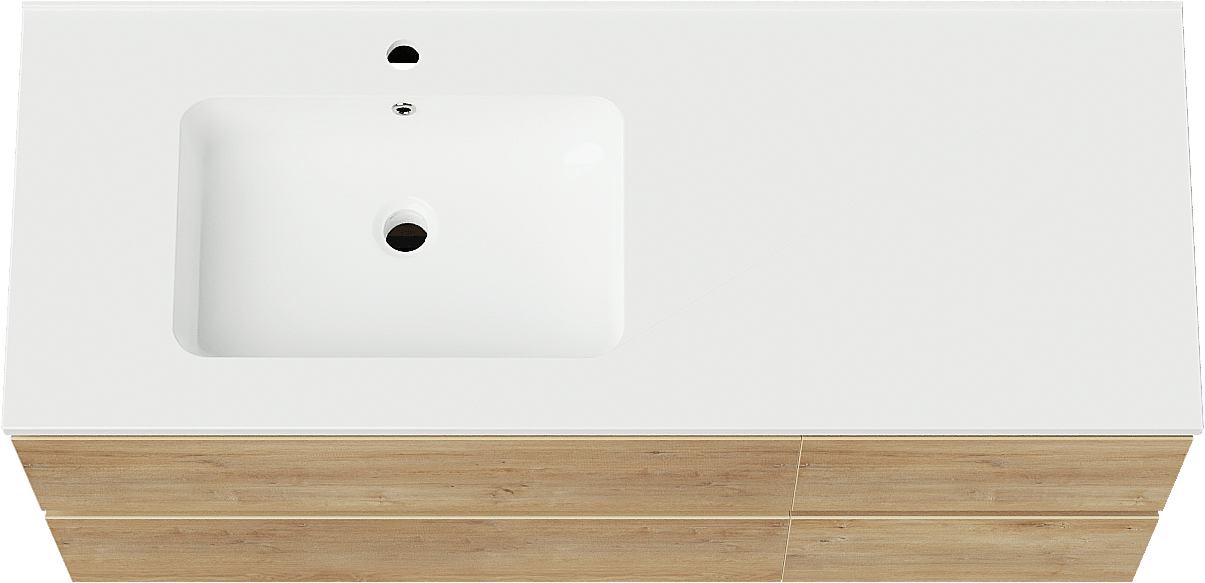 Linie Lado zwevend badkamermeubel 120 x 46 cm natuur eik met Vano asymmetrisch linkse wastafel in composietmarmer glanzend wit