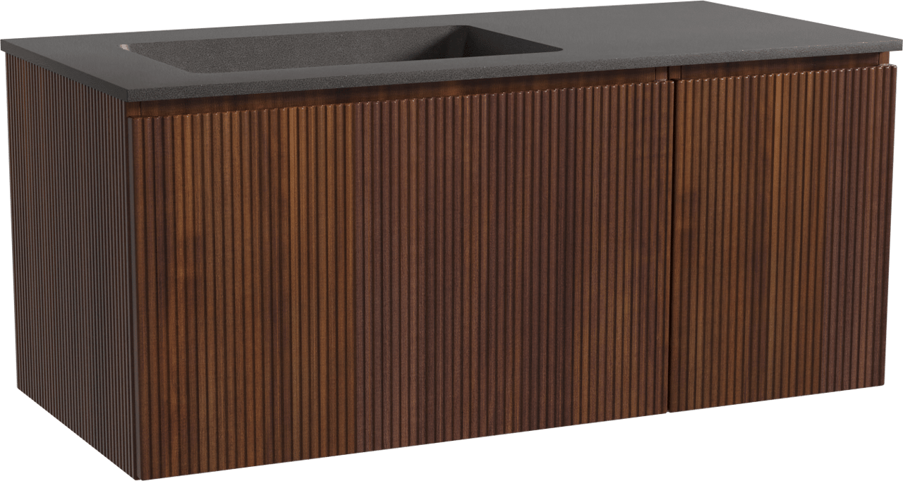 Storke Ribs zwevend badmeubel 110 x 52 cm notenhout met Scuro asymmetrisch linkse wastafel in kwarts mat zwart, Verticale symmetrische rechte ribbel
