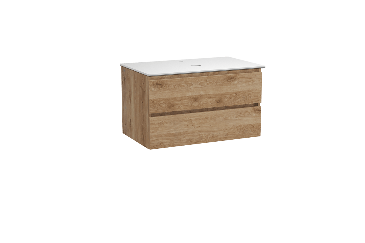 Balmani Lucida hängendes Möbelstück Set: 90 x 55 cm, Rohe Eiche, mit Facetta Einzel Waschtischplatte, Solid Surface Weiß matt