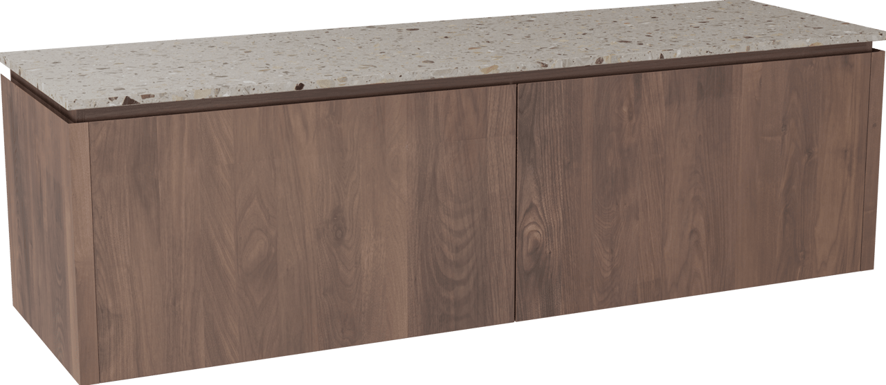 Balmani Eclips hängendes Möbelstück Set: 180 x 55 cm, Amerikanischer Nussbaum, mit Stretto Einzel- oder Doppel Waschtischplatte Greige Terrazzo