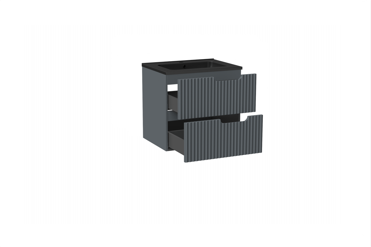 Linie Ribbo zwevend badkamermeubel 60 x 46 cm blauw antraciet met Vano enkele wastafel in composietmarmer mat zwart, Verticale symmetrische ronde ribbel