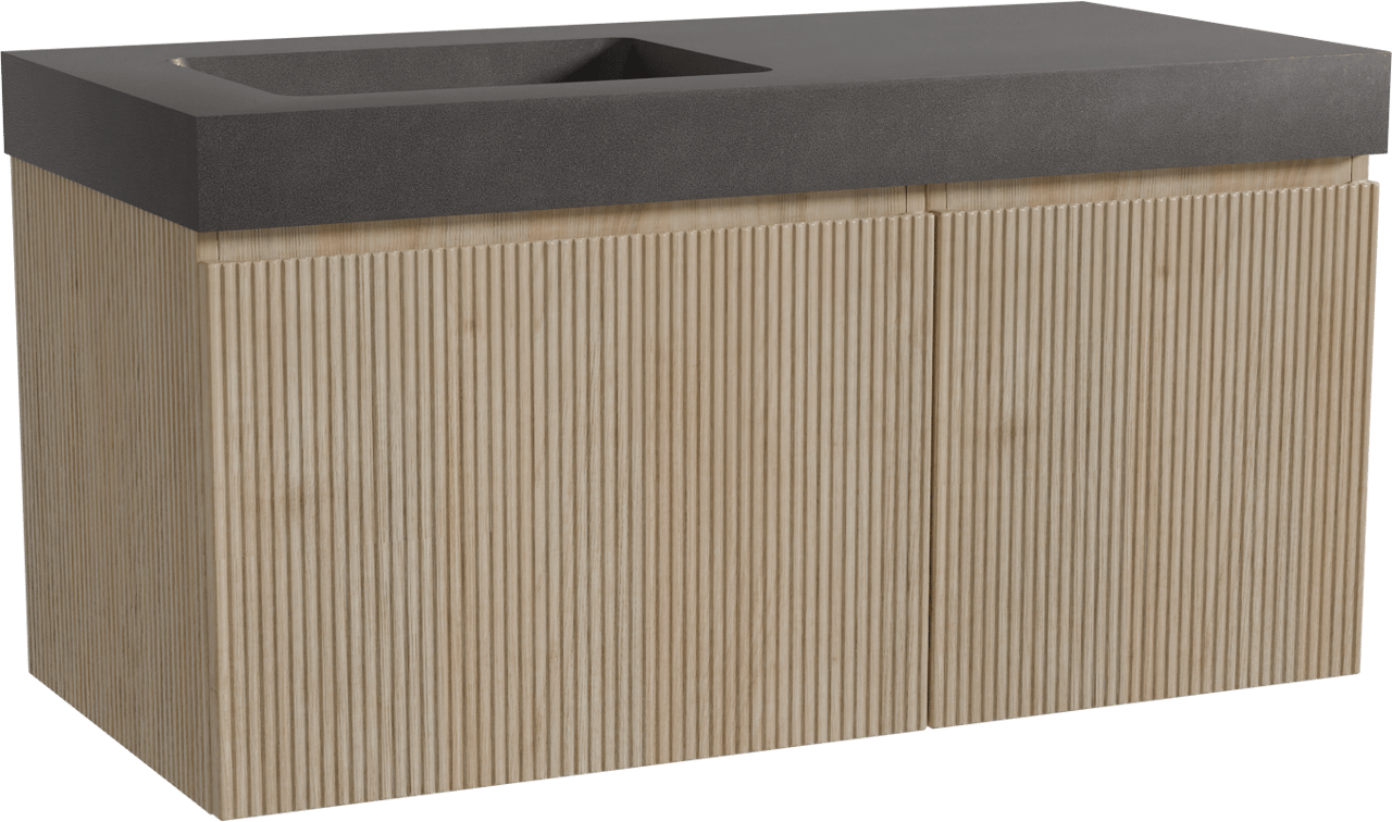 Storke Ribs meuble salle de bains suspendu 110 x 52 cm chêne brut avec Scuro High plan vasque asymétrique à gauche en quartz noir mat, Nervure droite symétrique verticale