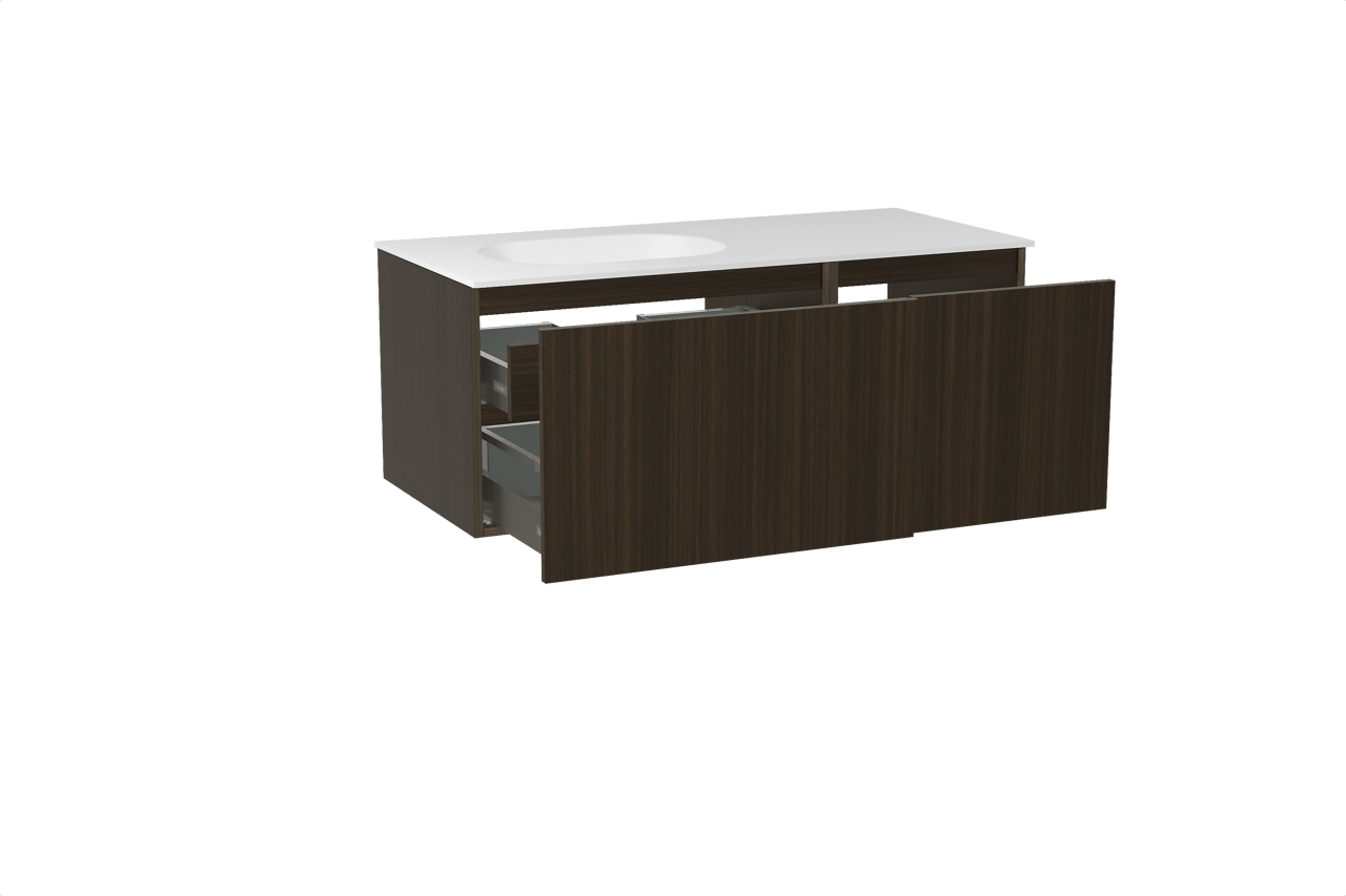 Balmani Sfera meuble salle de bains suspendu 120 x 55 cm eucalyptus avec Tablo Oval plan vasque asymétrique à gauche en solid surface blanc mat