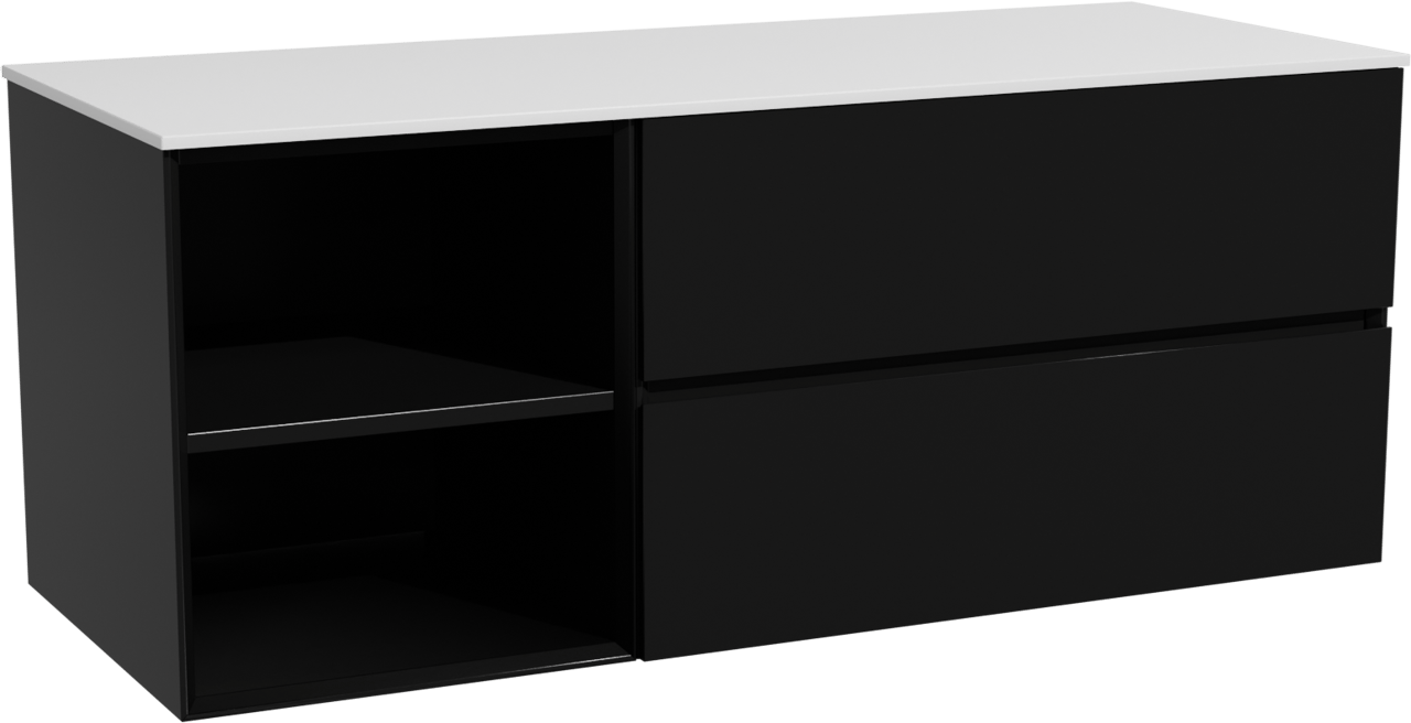 Storke Edge zwevend badmeubel 130 x 52 cm mat zwart met Tavola enkel of dubbel wastafelblad in solid surface mat wit