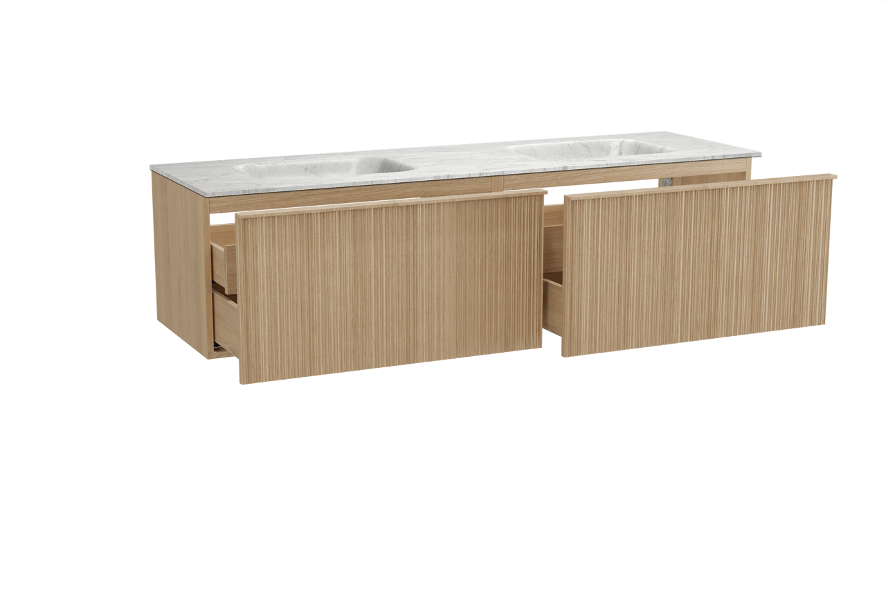 Balmani Forma zwevend badkamermeubel 180 x 55 cm natuur eik met Tablo Arcato dubbele wastafel in marmer carrara, Verticale asymmetrische ronde ribbel