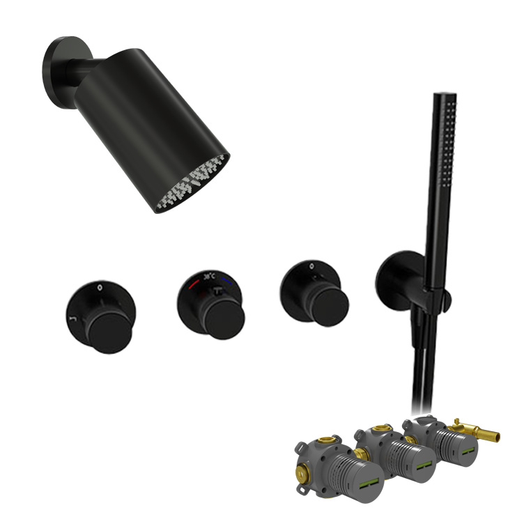 Blaufoss Pavilion Duschsystem: Unterputz, inkl. Thermostat-Duscharmatur, inkl. Duschkopf, 14 x 9 cm, Schwarz Matt